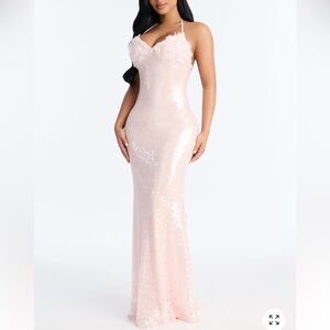Fashion Nova Blush Sequin Halter Mermaid Maxi Dress
